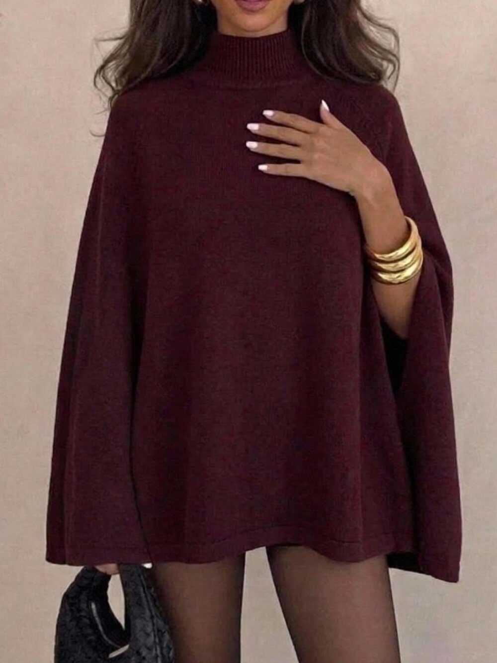 Burgundy Casual Women's Cape Shawl Knitted Knit Sweater